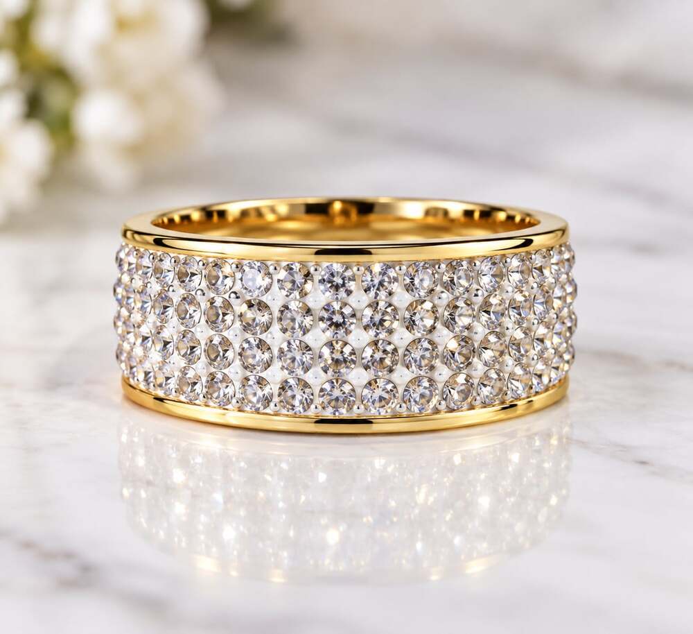Gold Pave Crystal Multi Row Band Ring